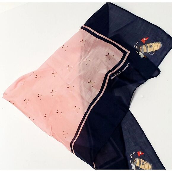 VTG Ralph Lauren Scarf Cotton Golf Clubs Bordered Pink/ Navy Printed 1980s Label - Picture 4 of 9